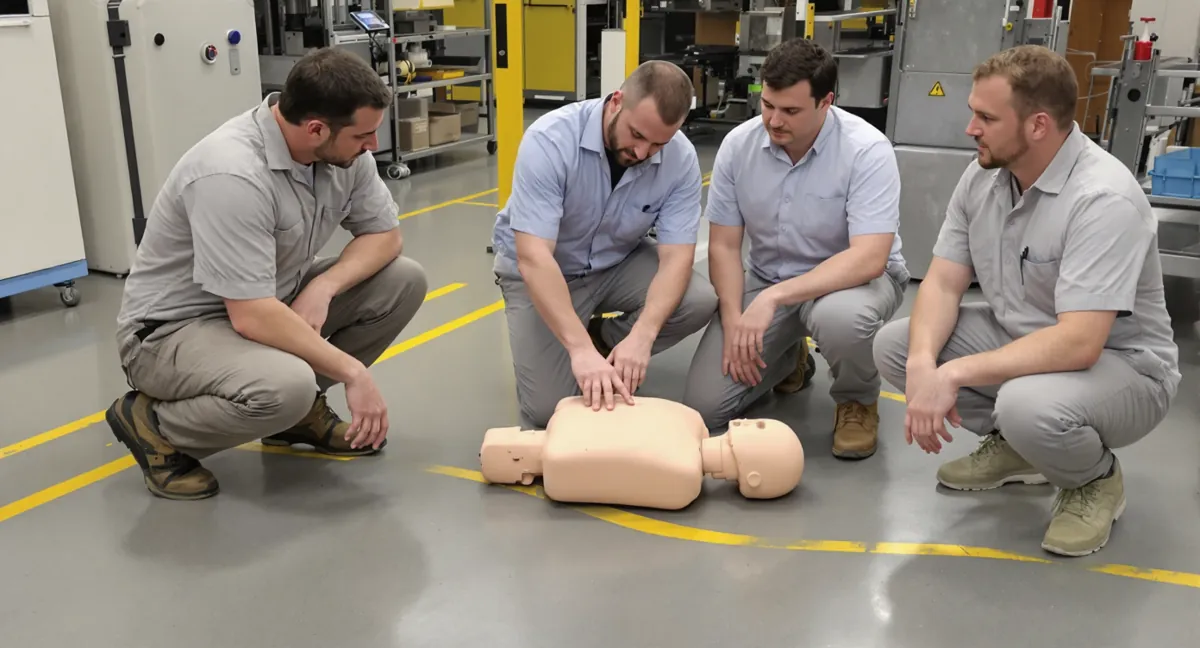 Session de formation sauveteur secouriste du travail en atelier industriel : exercice de massage cardiaque sur mannequin