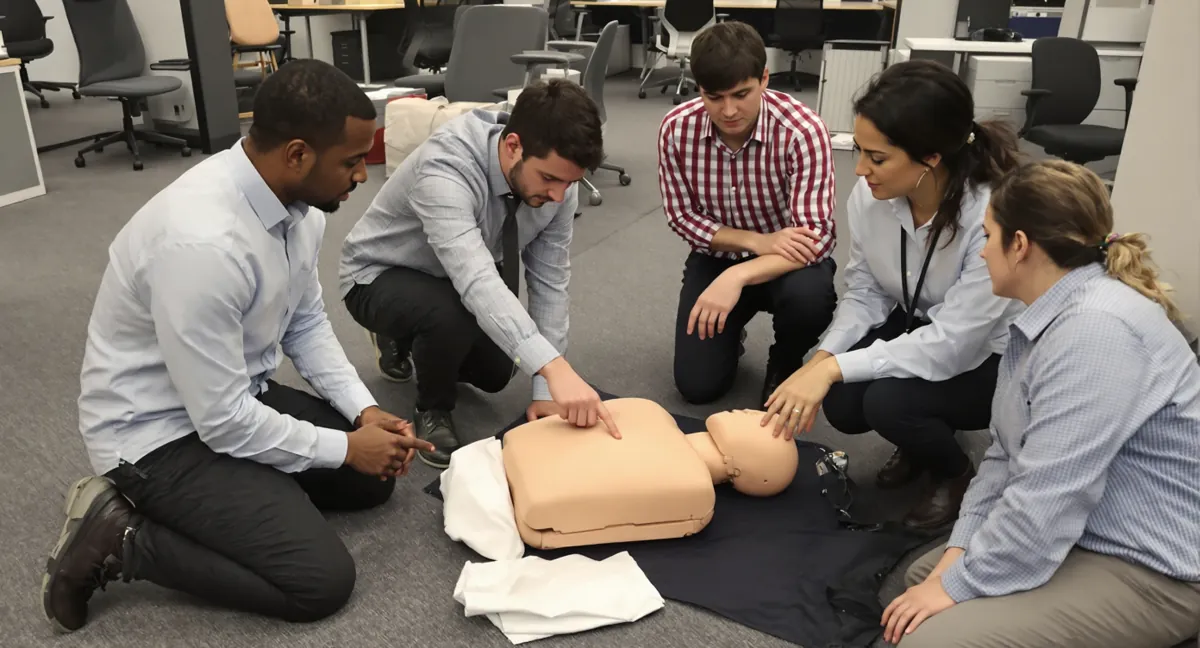 Session de formation sauveteur secouriste du travail en open space : exercice de massage cardiaque sur mannequin
