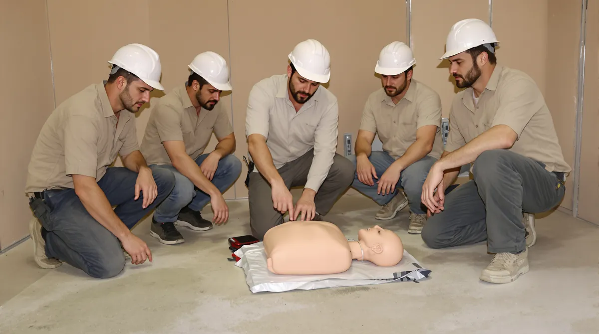Session de formation sauveteur secouriste du travail en chantier : exercice de massage cardiaque sur mannequin