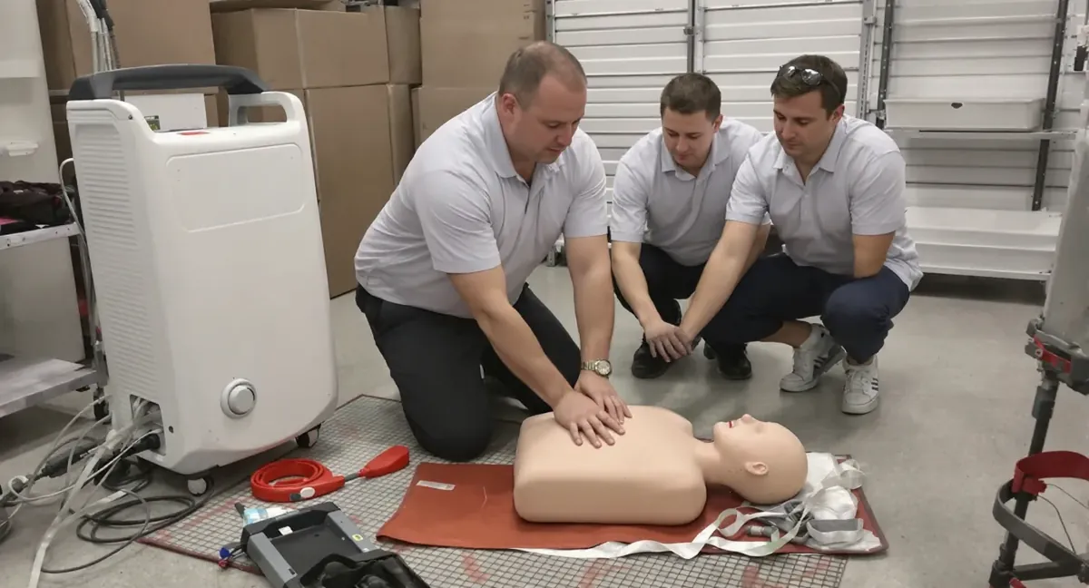 Session de formation sauveteur secouriste du travail en reserve de magasin : exercice de massage cardiaque sur mannequin