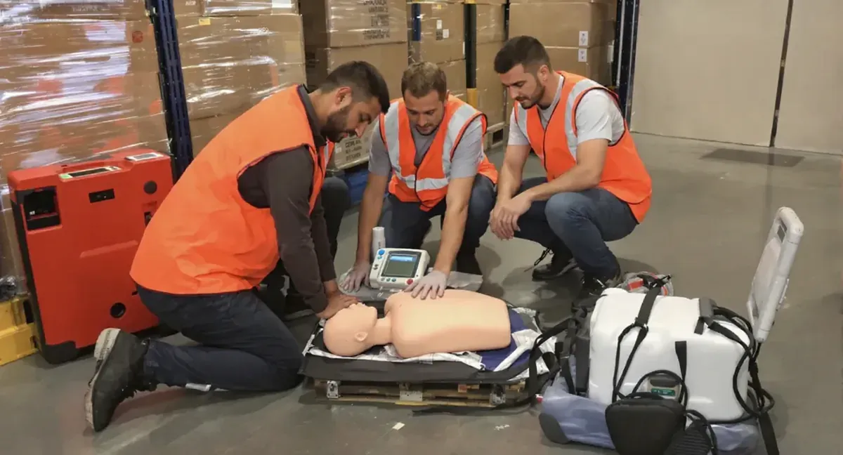 Session de formation sauveteur secouriste du travail en entrepot logistique : exercice de massage cardiaque sur mannequin