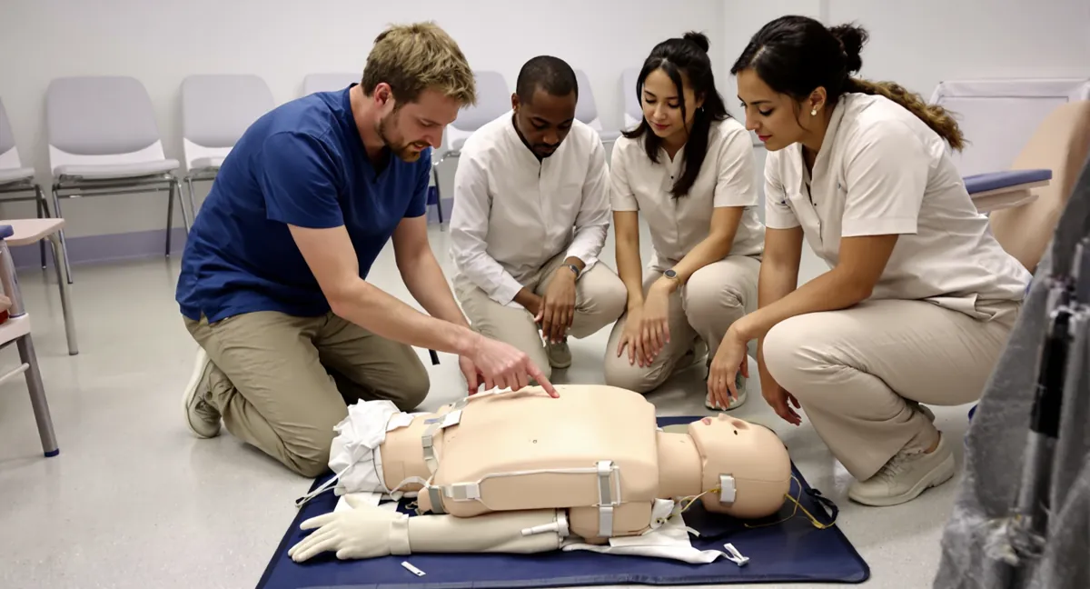 Session de formation sauveteur secouriste du travail en etablissement de sante : exercice de massage cardiaque sur mannequin